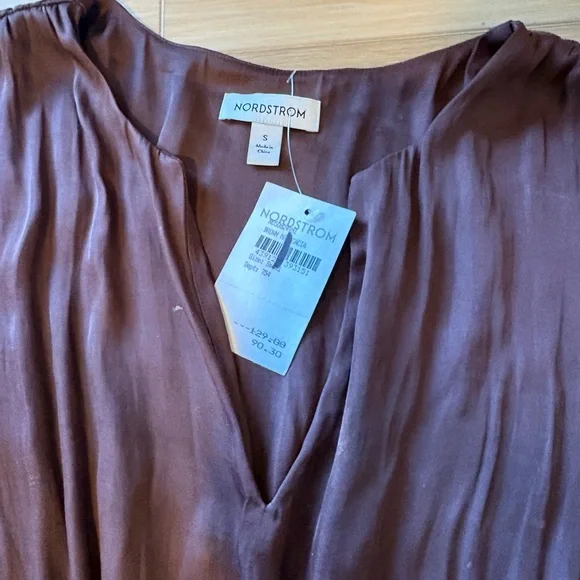 Nordstrom Sleeveless Smocked Satin Maxi Dress Brown Malicacia Small - Picture 4 of 8